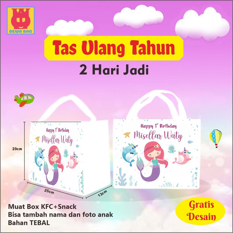 

TAS ULTAH CUSTOM / GOODIE BAG MERMAID / TAS SOUVENIR 2HARI JADI minimal order 30pcs