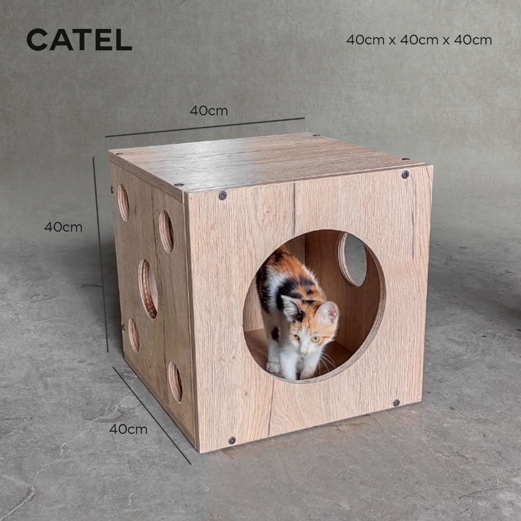 CATEL Rumah Kucing Minimalis kayu / Tempat Tidur Kucing / Kandang Kucing Kayu / Rumah Mainan Kucing 