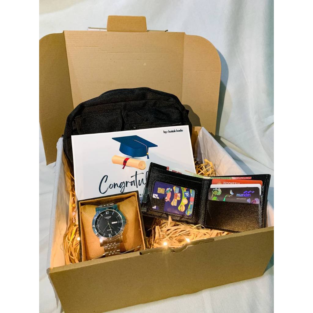 Kado hadiah ulang Tahun Cowok gift box hampers pria dompet jam tangan tas waistbag hitam ulang tahun