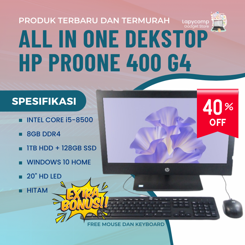 KOMPUTER AIO DESKTOP HP PRO ONE 400 G4 - INTEL I5 RAM 8GB LAYAR 20" SSD 128GB + HDD 1TB WINDOWS 10