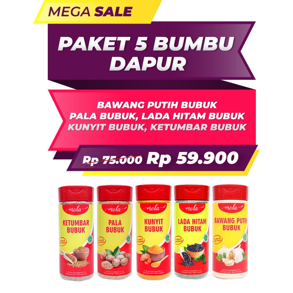 

Paket 5 Bumbu Dapur Isi 1 Bawang Putih Bubuk, 1 Lada Hitam Bubuk, 1 Kunyit Bubuk, 1 Ketumbar Bubuk, 1 Pala Bubuk