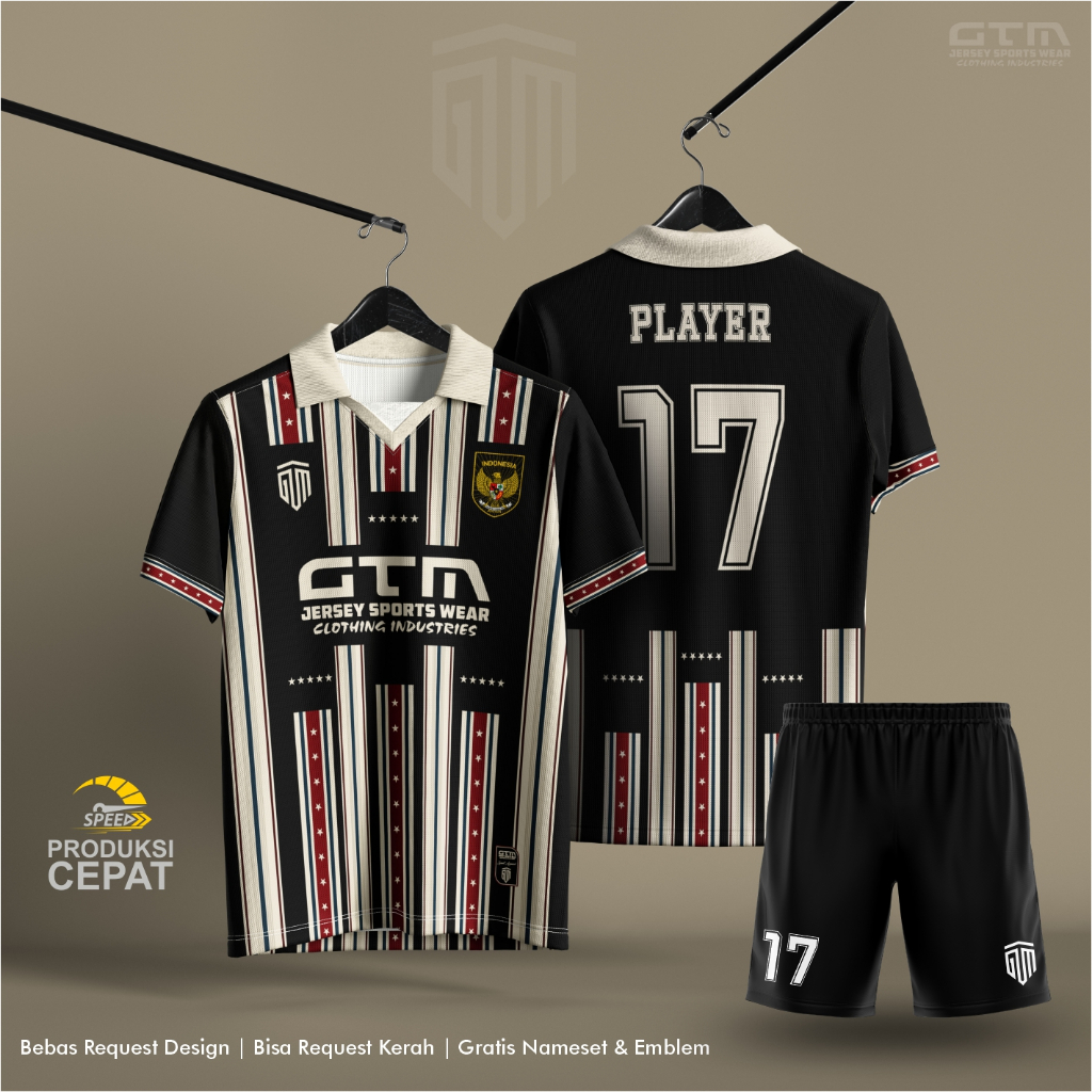 JERSEY BOLA FUTSAL HITAM CREAM KERAH RETRO ~ FREE CUSTOM DESIGN