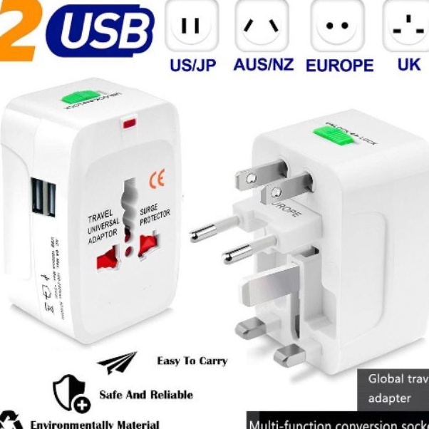 Stok Banyak HFZ Colokan Adaptor  2 USB Travel Universal Internasional  UNIVERSAL TRAVEL ADAPTER 2 US