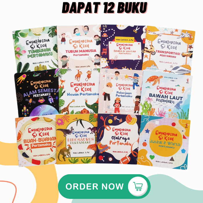 PAKET 12 BUKU ANAK ENSIKLOPEDIA SI KECIL TUBUH MANUSIA, TRANSPORTASI, TUMBUHAN, BENDA DI SEKITAR, BUAH-BUAHAN, DINOSAURUS, OLAHRAGA, BENTUK DAN WARNA, ALAM SEMESTA, PEKERJAAN, HEWAN, BAWAH LAUT
