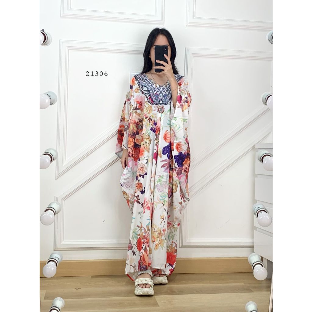 21306 LONG MAXI KAFTAN SLIKY JRY MOTIF PRINTING VARIASI MOTIF BUNGA ABSTRAK KAFTAN V NECK PREMIUM WA