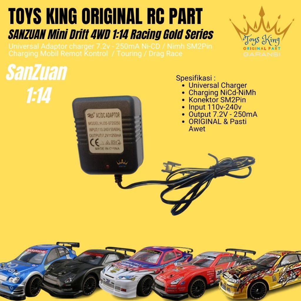 Universal Adaptor charger 7.2v - 250mA Ni-CD / Nimh SM2Pin SANZUAN Mini Drift 4WD  1:14 Racing Gold 