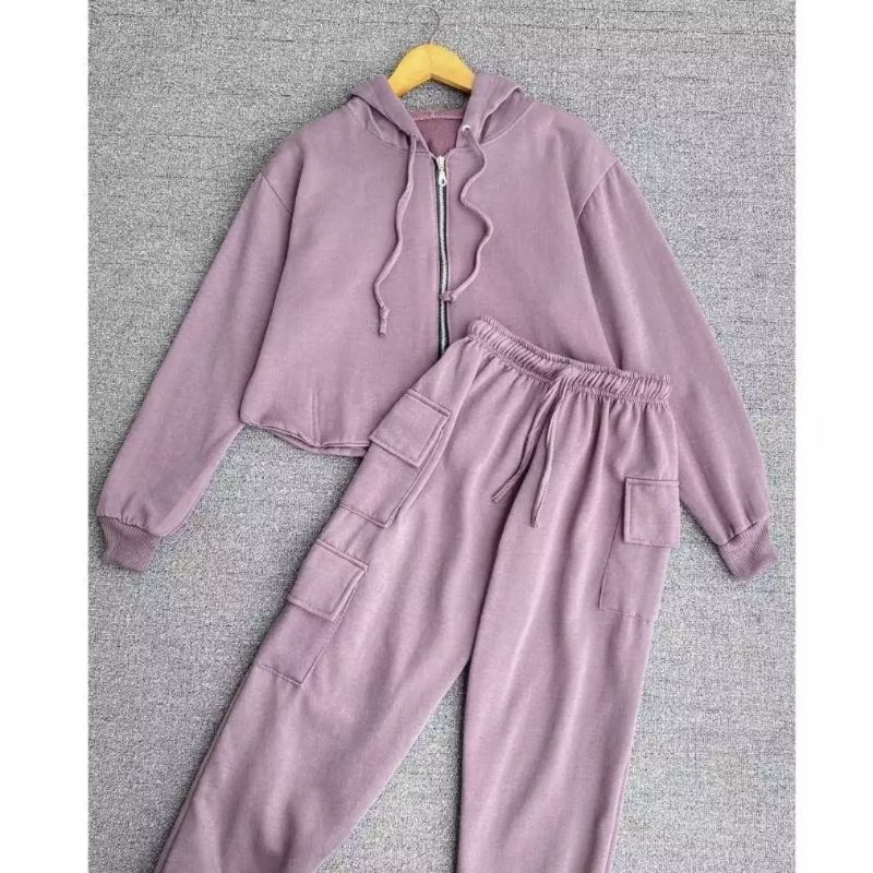 [Bisa COD] One Set Setelan Jacket Hoodie Crop Celana Pants Resleting Depan Busui Friendly | Setelan 