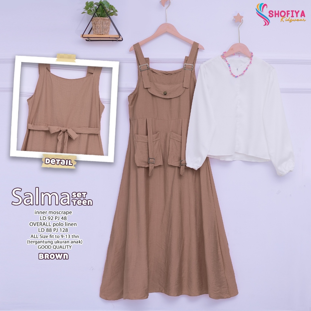 salma gamis dress dres baju pakaian busana overall linen motif polos setelan set 2in1 inner anak kid