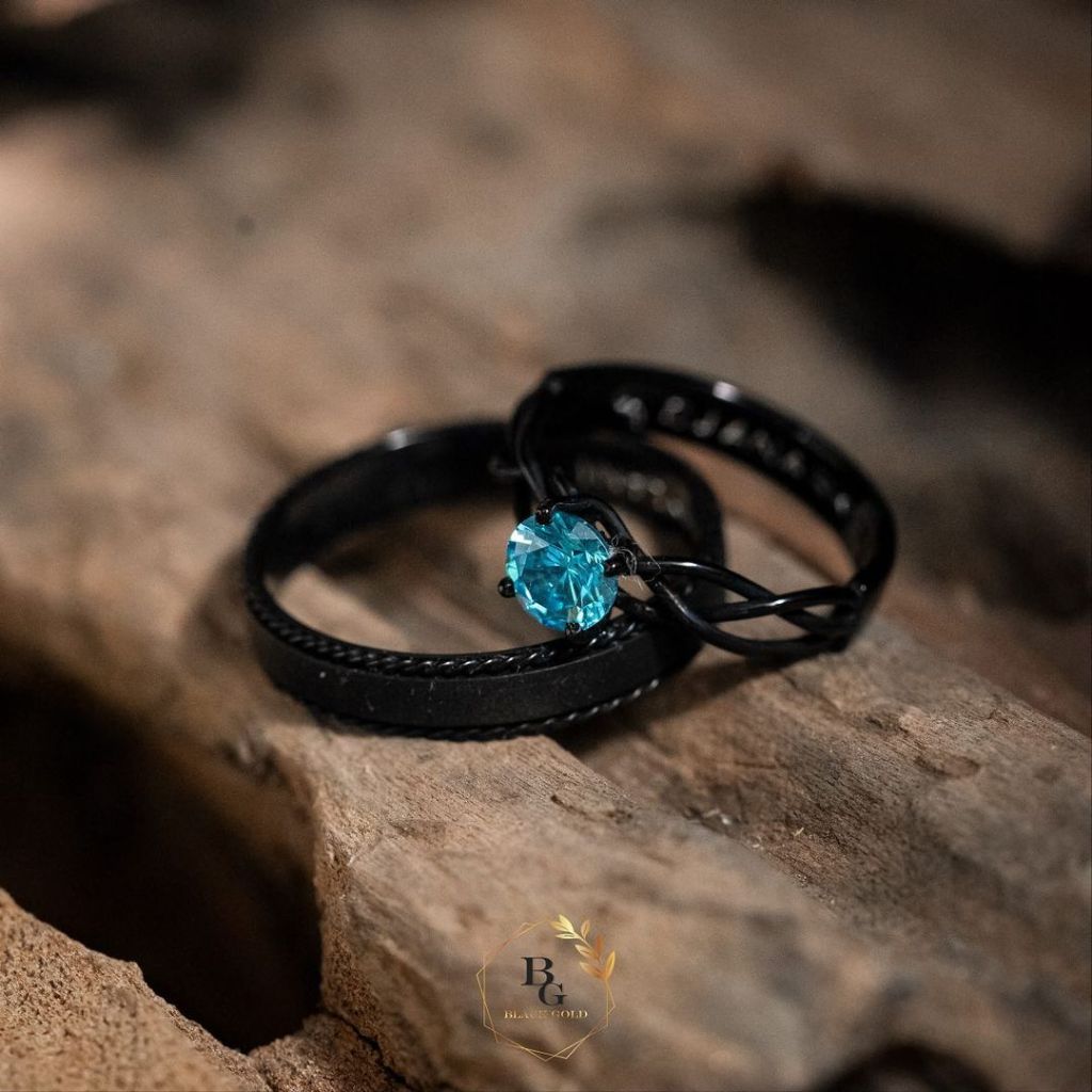Rustic Ring Couple Perak/Silver Finishing Black With Blue Topaz Stone Wedding Ring Bahan Perak Cinci