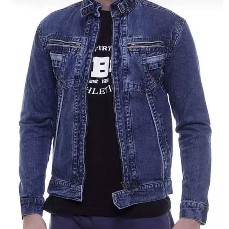 Hot Sell JAKET JEANS PRIA KERAH TINGGI RESLETING JAKET JEANS COWOK TB BANDUNG MURAH JEANS BOMBER
