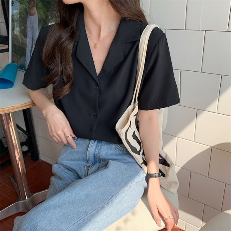 HAMANAKA - Kemeja polos wanita katun twill lengan pendek