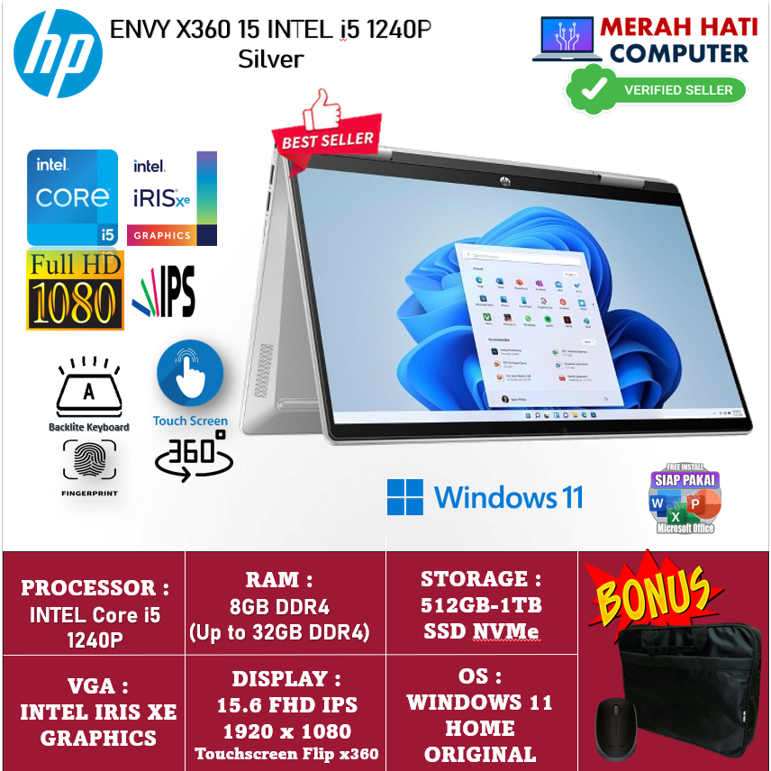 Laptop 2in1 Hp Envy X360 15 Intel i5 1240p 32GB 2TB SSD IPS Touch Windows 11 Home Original