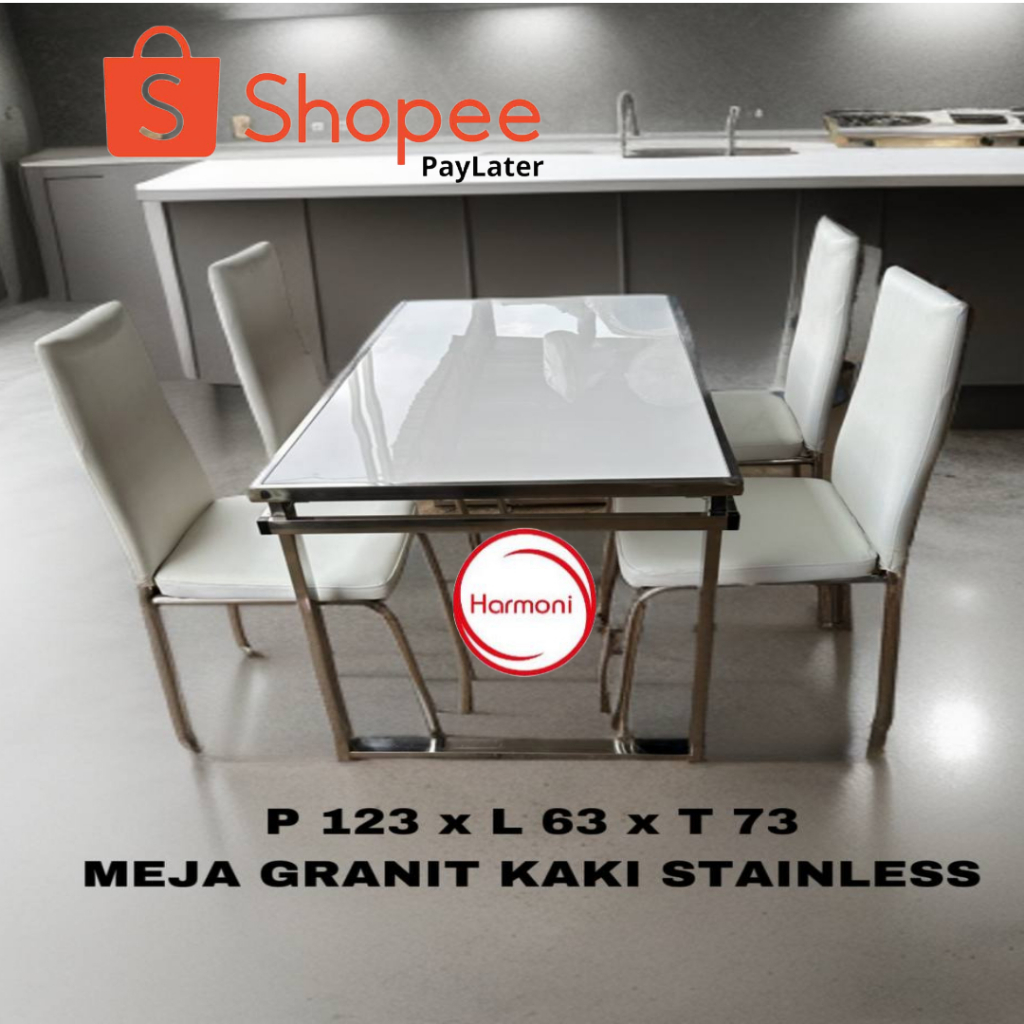 MEJA MAKAN GRANIT KAKI STAINESS 4 KURSI MEJA MAKAN 4 KURSI STAINLESS MEJA MAKAN GRANIT 4 KURSI