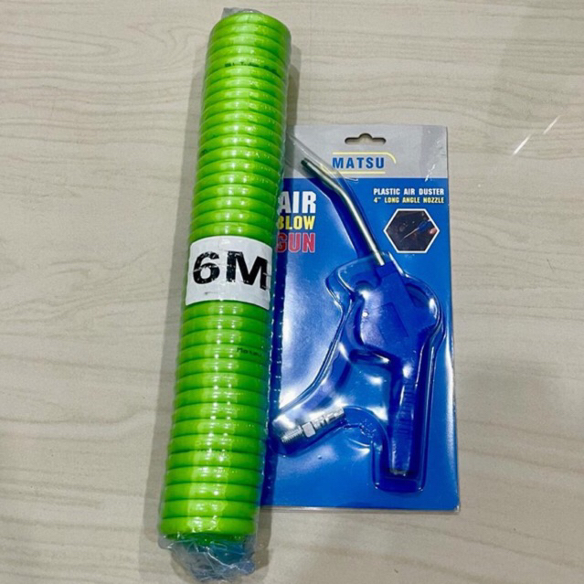 (PAKET KOMPLIT) AIR BLOW Gun pvc BIRU + selang recoil hijau 6mtr semprotan angin kompresor . gagang 
