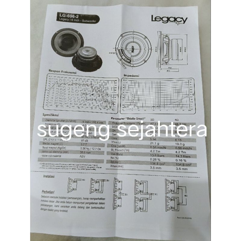 SPEAKER SUBWOOFER LEGACY 6 INCH LG 696 DOUBLE COIL