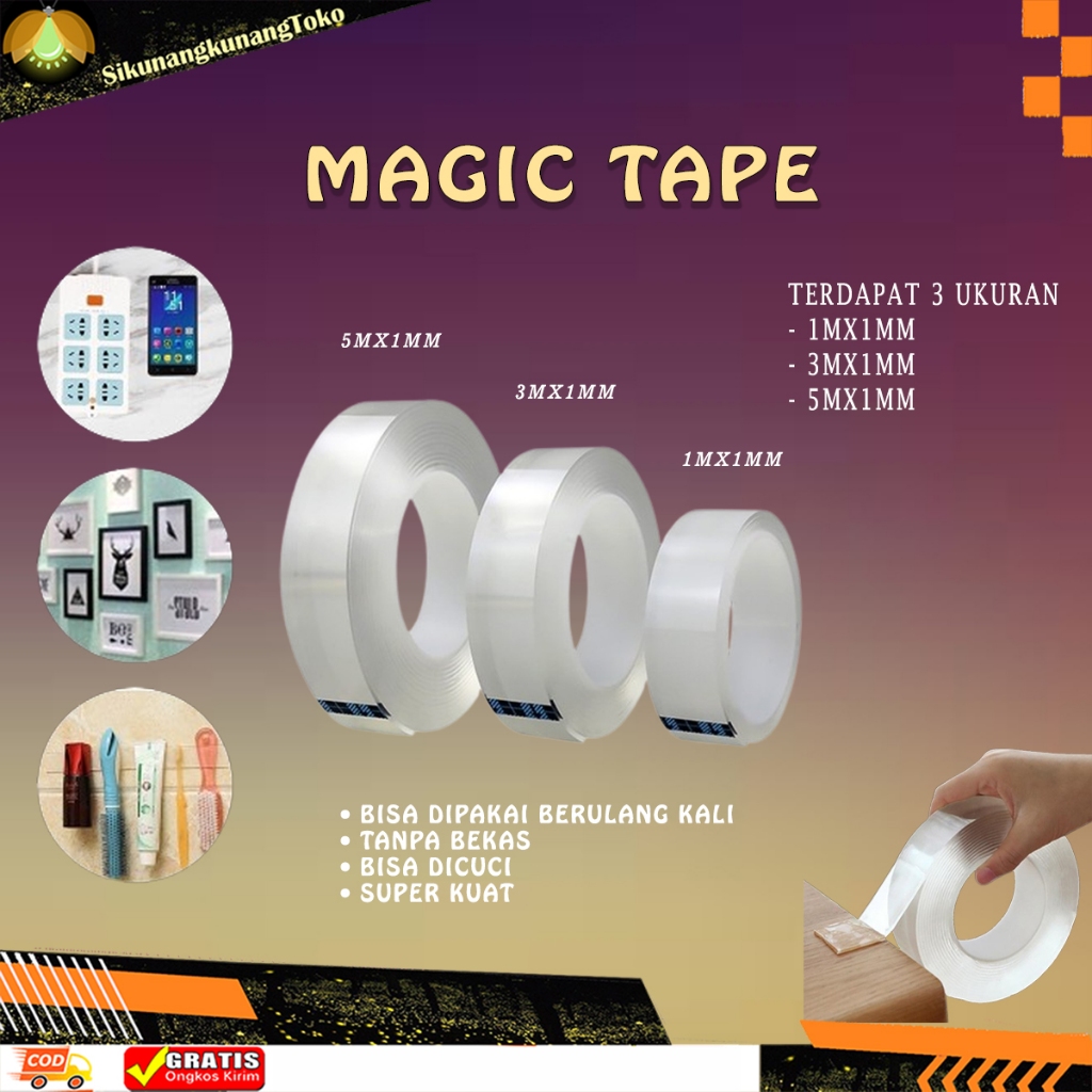 

(SKN) COD Nano Double Tape Ajaib Bening Tahan Air Acrylic Washable Ivy Grip Isolasi Selotip Dicuci 1 2 3 5