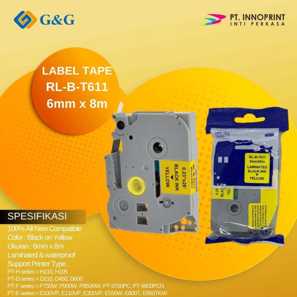 

Label tape G&G for Brother Label Tape TZE-611 6mm x 8m Black On Yellow TZE611