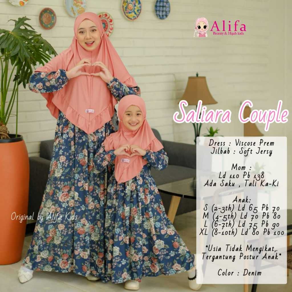 Saliara Couple Ori by Alifa Gamis Maxi Dress Ibu Anak Bahan Viscose Premium + Jilbab