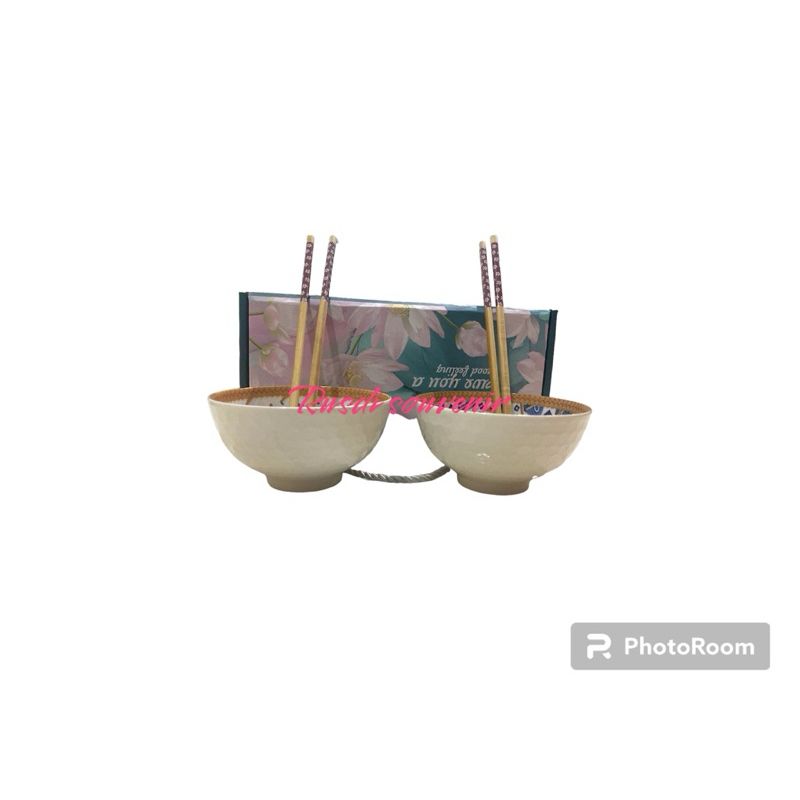 mangkok set 2 pcs dan 2 pasang sumpit mangkok keramik mangkok import cina motif