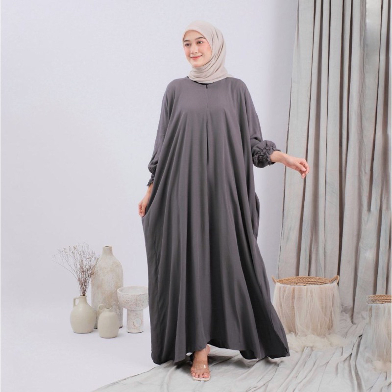 Kaftan Wanita - Daunda Kaftan Size Jumbo XXXXL Motif Daun Lengan Panjang Busui Resleting by Nadira_Fashion / Gamis Rayon Jumbo Kaftan Terbaru-Pollos drag grey