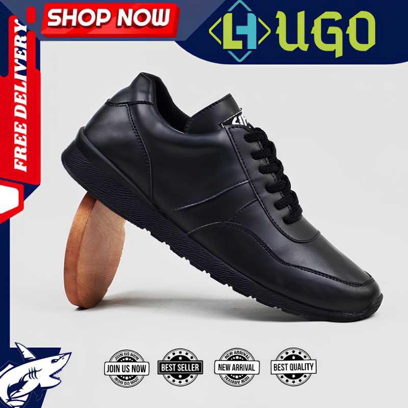 HUGO Sepatu Formal Pria Casual Pantofel Sneakers Trendy Kerja Formal Hitam Original VEGAN002