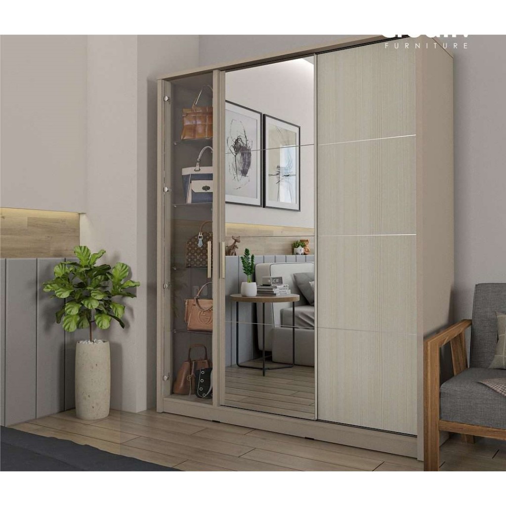 LEMARI PAKAIAN SLIDING 3 PINTU KACA PANJANG + RAK TAS KACA TRANSPARAN TERBARU AUDI