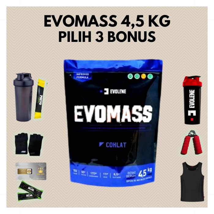 

Evolene Evomass Coklat 4500gr/20x serving + Shaker Suplemen Susu Mass Gainer Evolene Samarinda