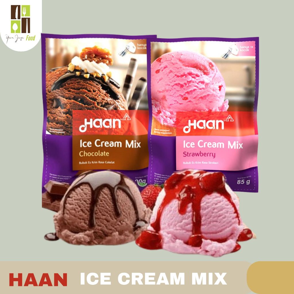 

Haan Ice Cream Mix / Bubuk Es Krim Instan / Strawberry / Chocolate 85/90g