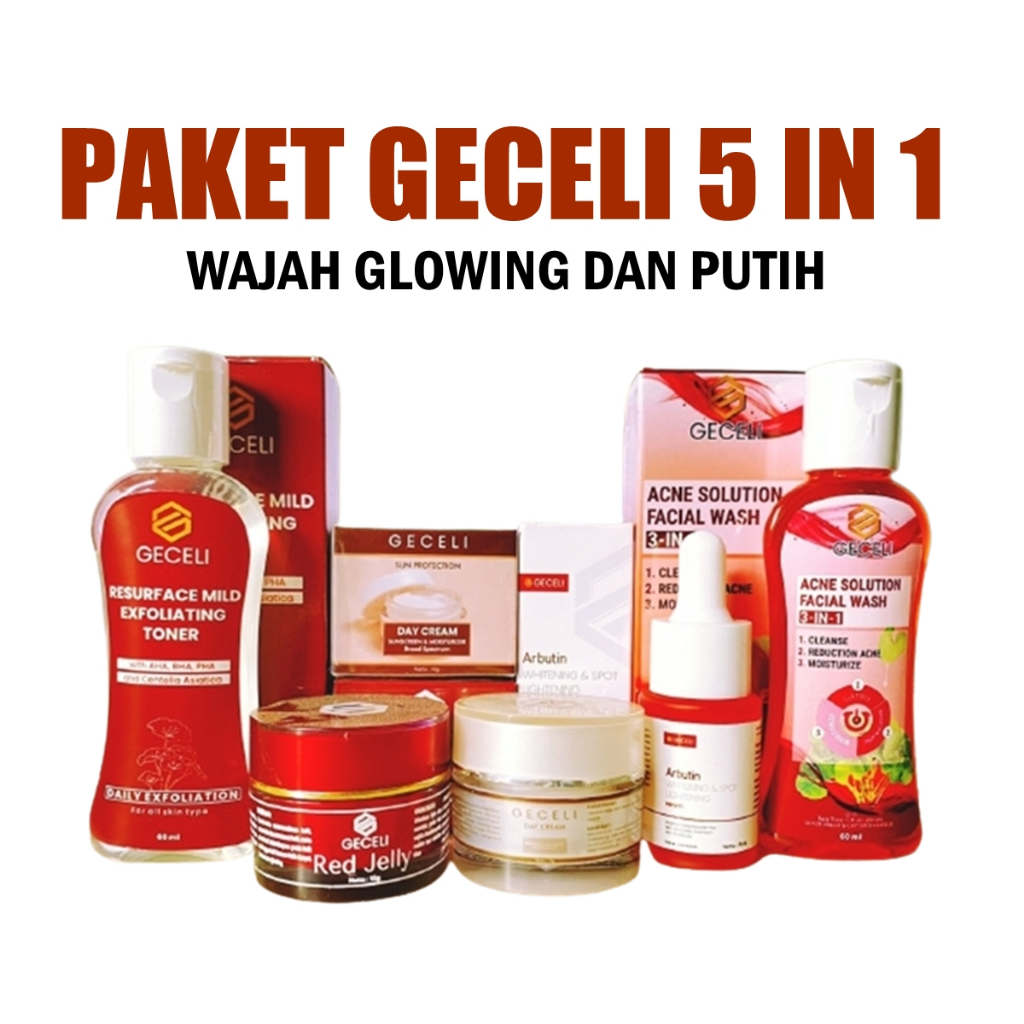 GECELI Whitening Paket Komplit Set 5 In 1 Facial wash geceli,toner geceli, red jelly geceli,day crea