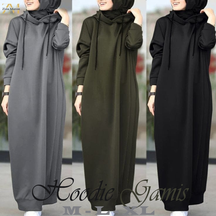 Zida-Matiin Maxi Gamis Hoodie (Inaya) Wanita Polos Remaja Kekinian | Cocok Dipakai Sehari-Hari Long 