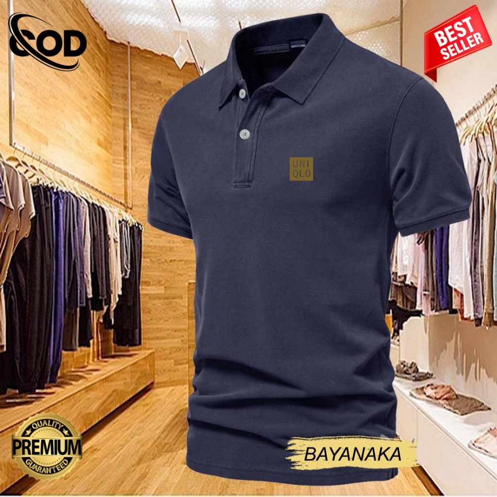 Baju Distro Style Polo Kerah Uniqlo Text Gold Kaos Polo T Shirt Denim Premium Quality Atasan Pria Wa