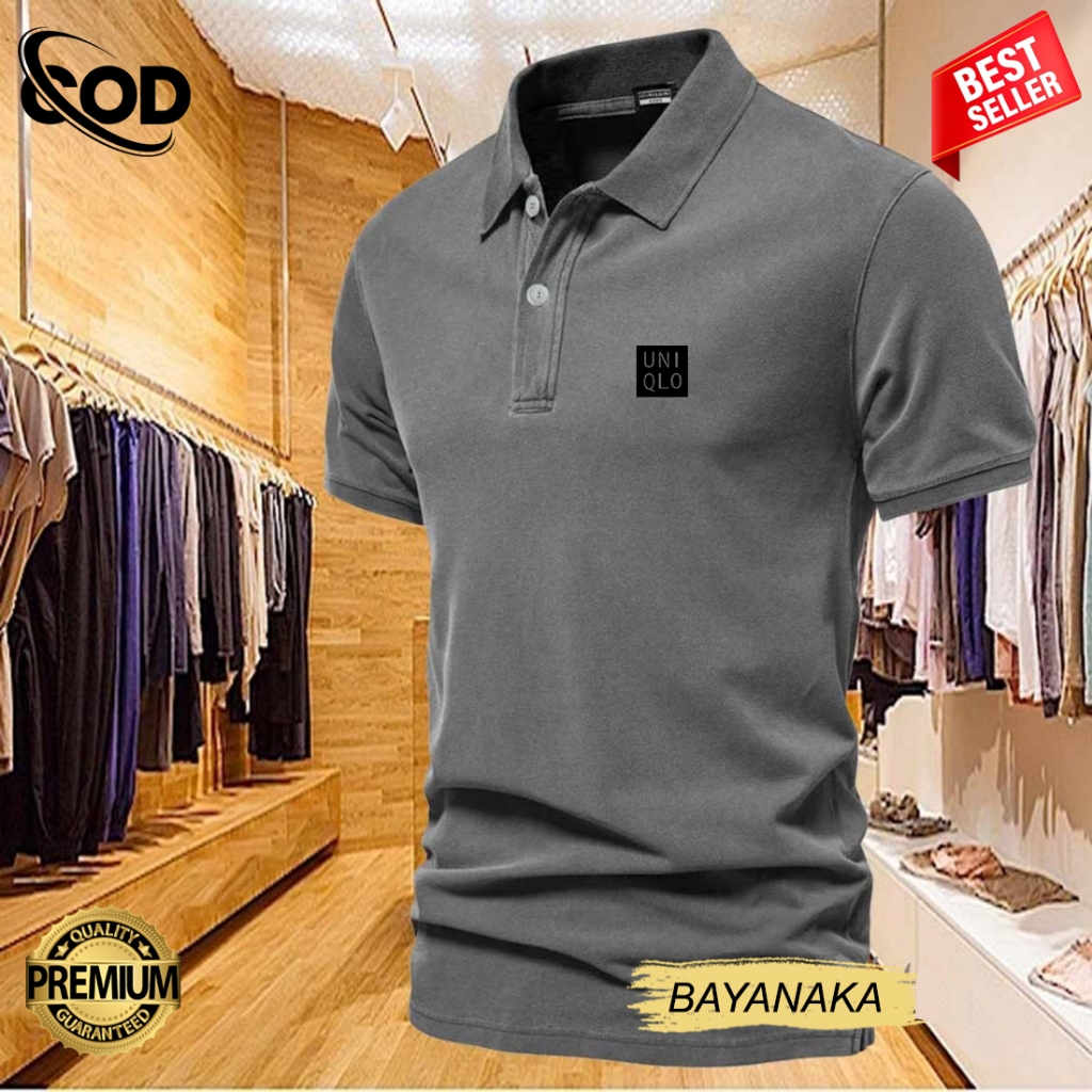 Baju Distro Style Polo Kerah Uniqlo Text Hitam Kaos Polo T Shirt Denim Premium Quality Atasan Pria W
