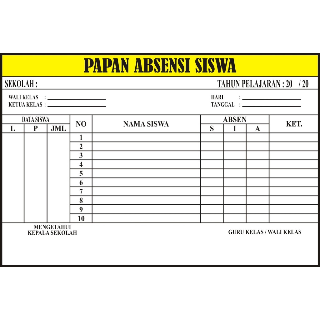 

Papan Data Absensi Siswa TK/RA, SD/MI, SMP/MTs, SMA/SMK/MA ukuran 60x80 cm