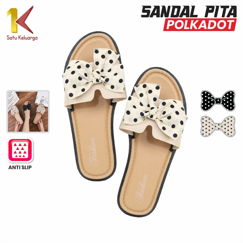 Satu Keluarga Sandal Pita Polkadot Wanita S62 Sendal Karet Ribbon Polkadot Korea Slop Jelly / Sandal