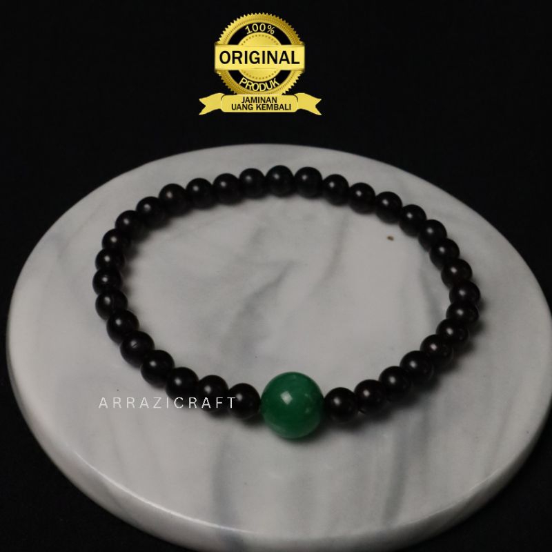 Gelang Tasbih Kayu Kokka Kokah Kaokah Hitam Kecil Mix Batu Giok Hijau China 33 Butir Original Asli 1