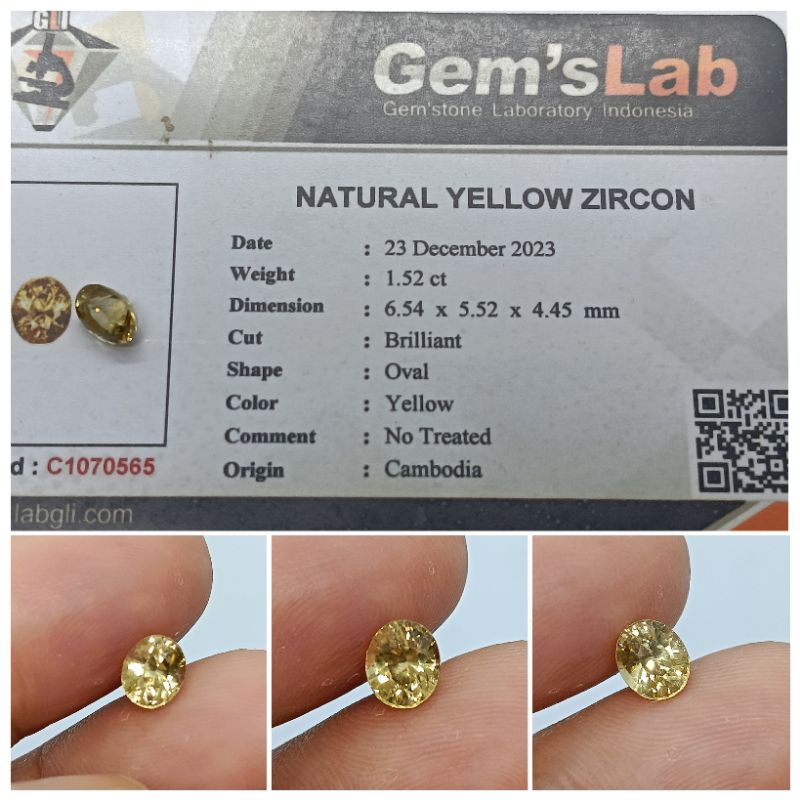 Natural Yellow Zircon Cambodia 1,5 ct Clean Luster Keren memo GLI