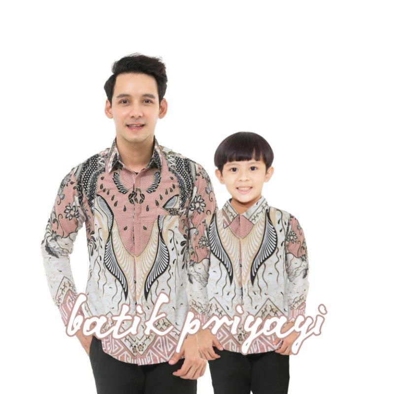 Kemeja Batik Anak Laki-Laki Lengan Panjang Batik Ayah dan Anak Cowok warna Peach Fuzz Salem Putih