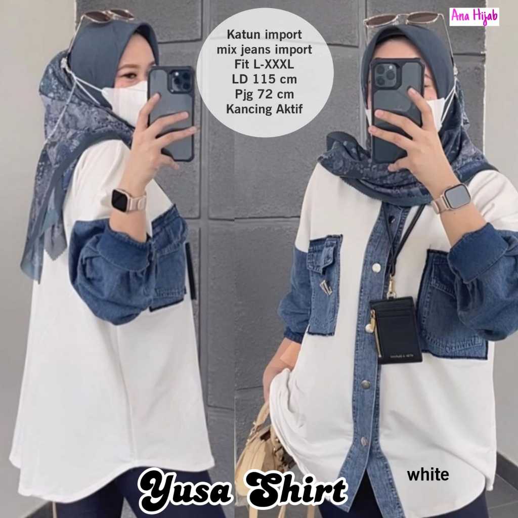 Kemeja Yusa shirt jeans mix katun import. Baju atasan wanita lengan panjang jumbo by Ana