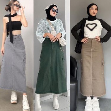 ART S89I Rok Span Kimpul Wanita Highwaist Rok Cargo Jeans Warna Hijau Tua Light Grey