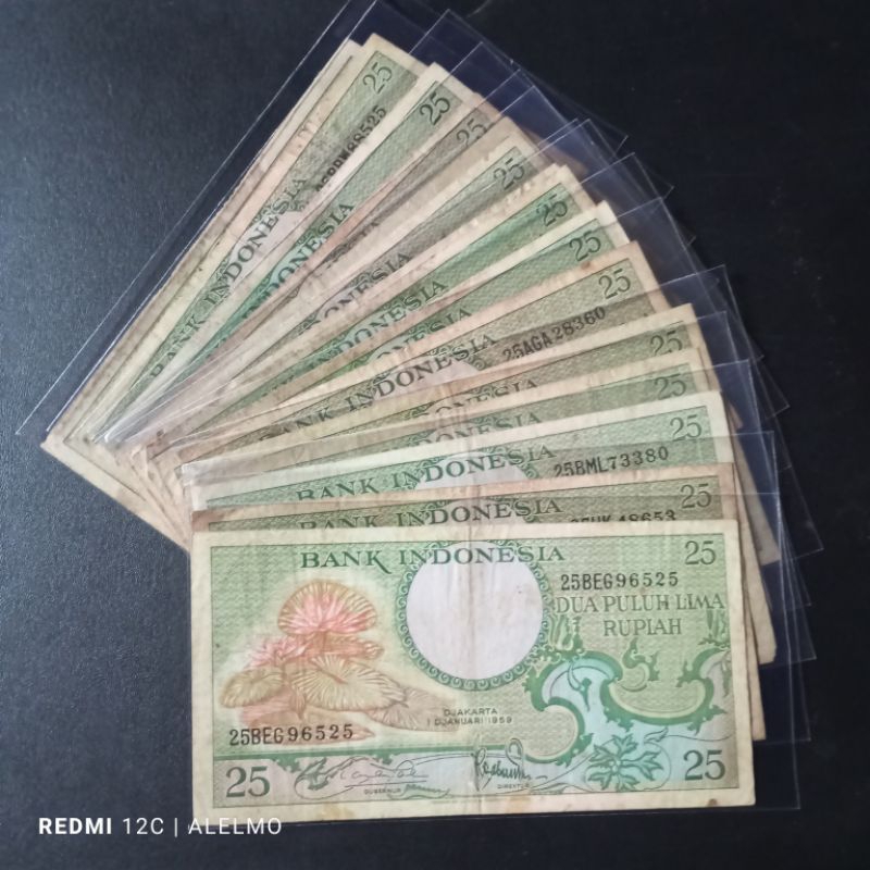 25 rupiah uang kertas seri bunga tahun 1959 beredar asli