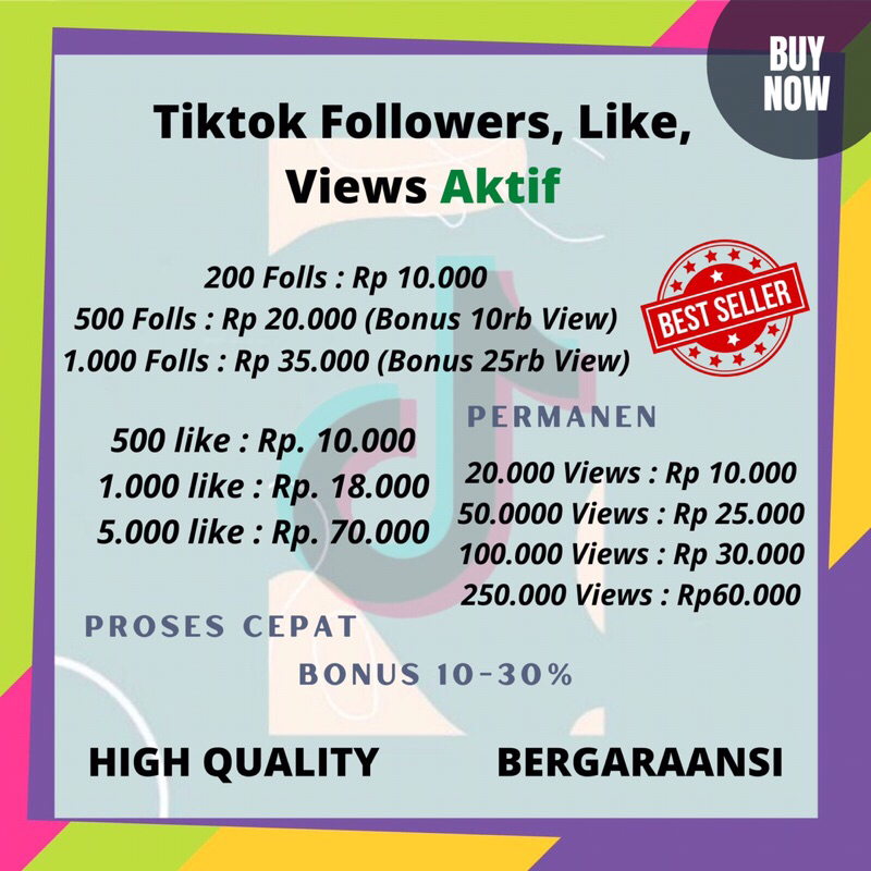 Followers Tiktok Real PERMANEN INDO, Biasa ( Views, Like, Share )