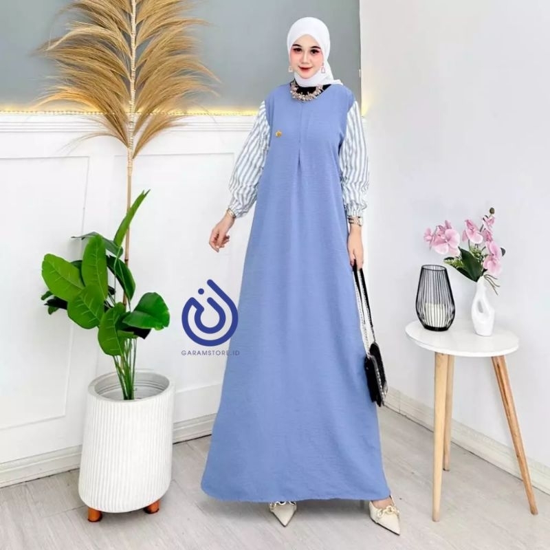 Nayla Dress Free Pin/Bross Kombinasi Salur & Polos Gamis Kekinian Simple Fashion