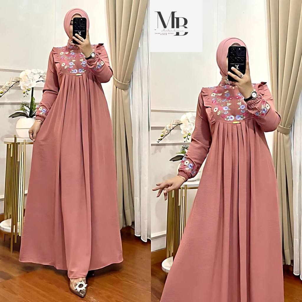 GAMIS BORDIR BUNGA TIMBUL BAHAN CRINKLE/GAMIS AZIZAH MEWAH TERBARU TERMURAH-Dusty Pink