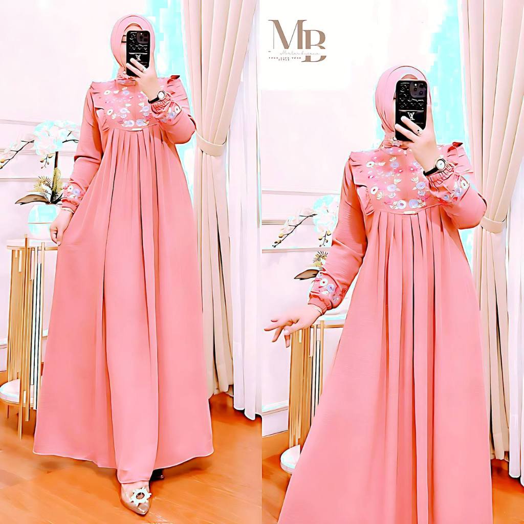 GAMIS BORDIR BUNGA TIMBUL BAHAN CRINKLE/GAMIS AZIZAH MEWAH TERBARU TERMURAH-Peach