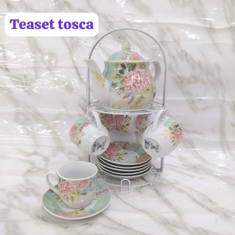 Cangkir dan Teko set Keramik Tosca Free Packing Kayu