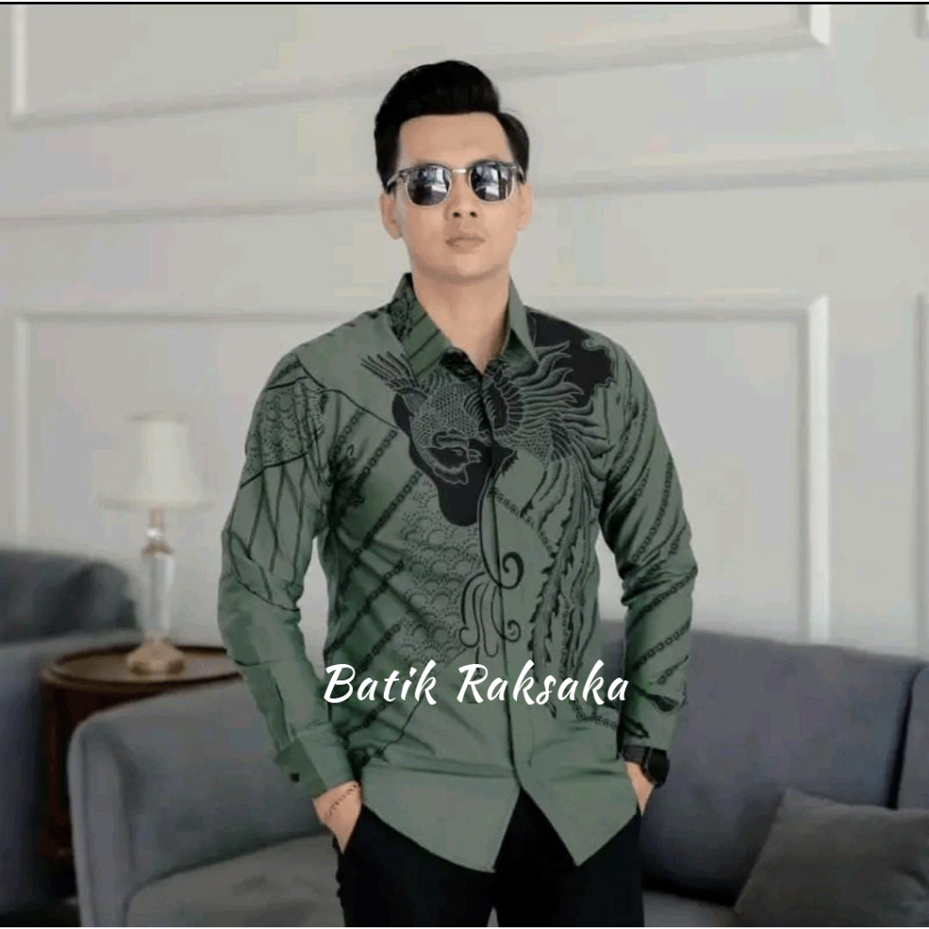 Kemeja Batik Pria Cowok Slimfit Premium Motif PEKSI Full Furing Baju Lengan Panjang Warna Hijau