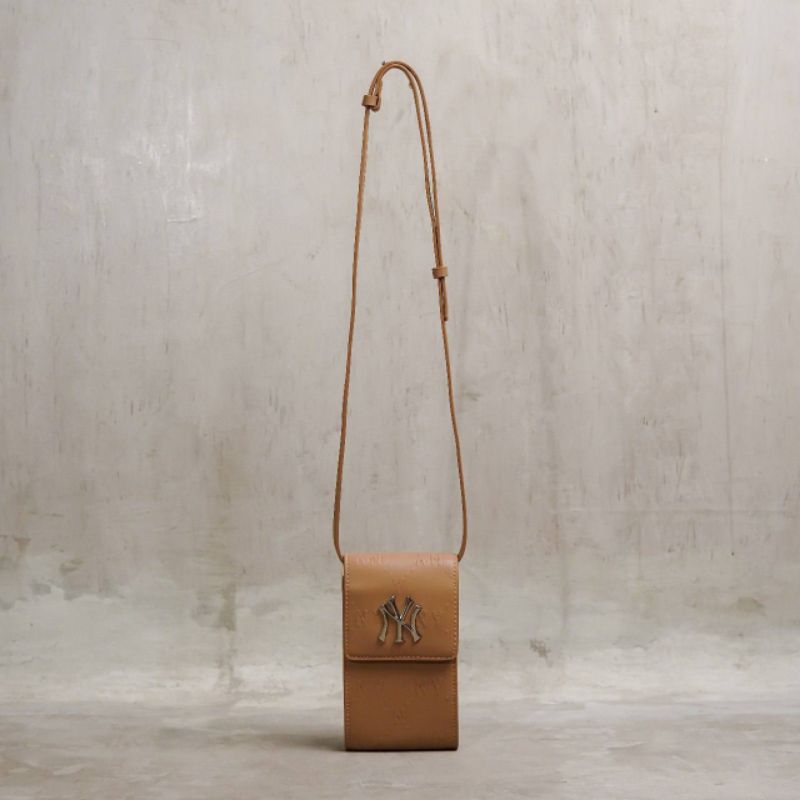 MLB NY Monogram Leather Phone Bag in Camel