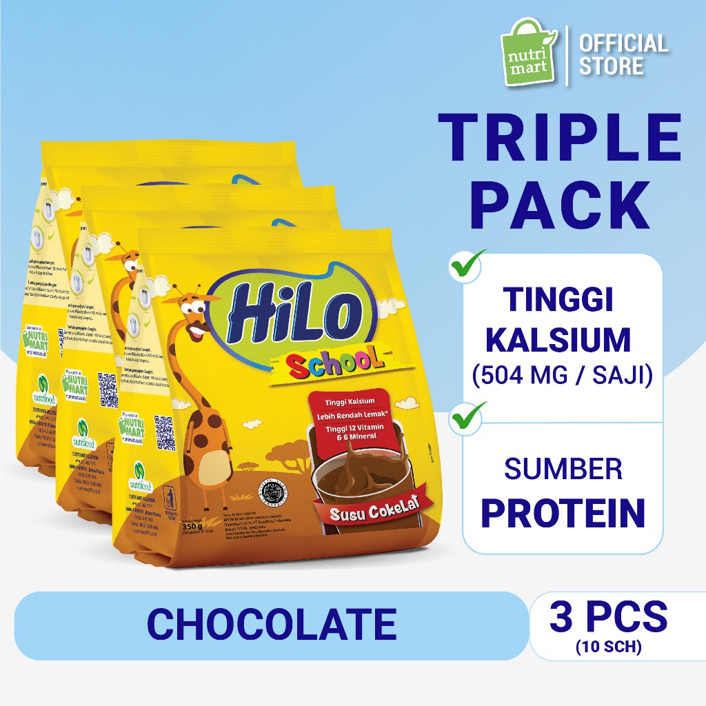 Triple Pack - HiLo School Gusset Coklat 10 Sachet - Susu Tinggi Kalsium Lebih Rendah Lemak