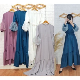 Gamis Maxi Dress Tile Polkadot Lengan Balon Ready Stok