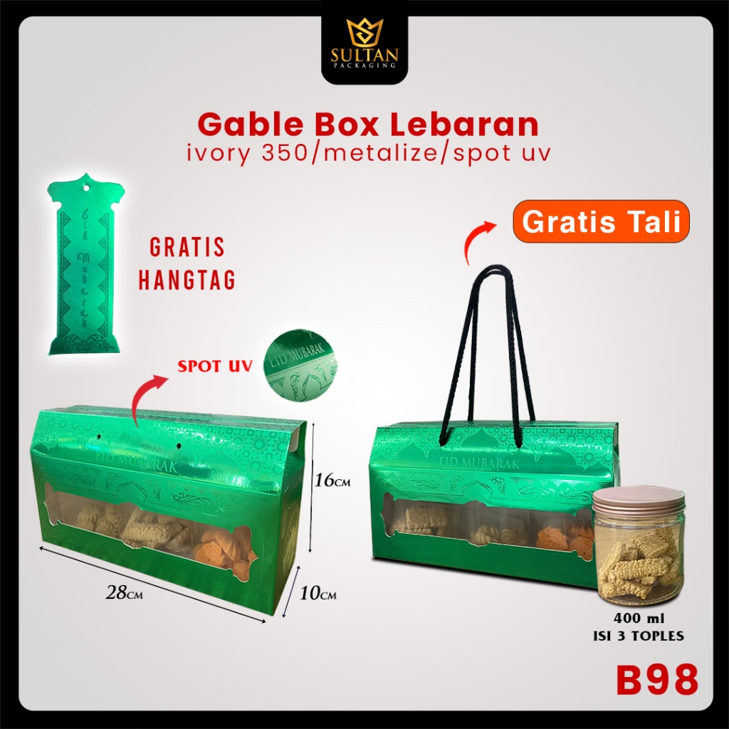 

Box Hampers Lebaran / Gable Box Tali / Kotak Idul Fitri Tenteng Metalize / B98